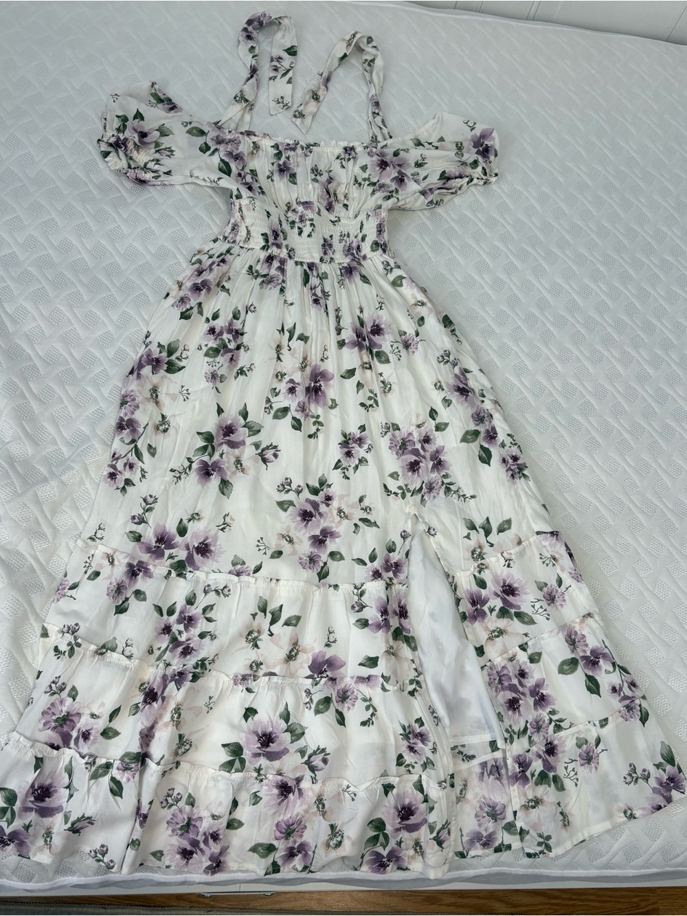 Hollister White Floral Maxi Dress with Purple & Green Print XS